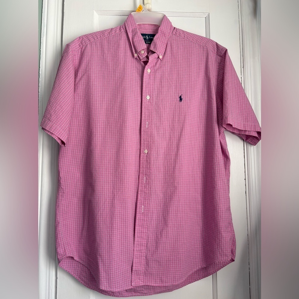 Ralph Lauren Black Label Pink Micro Check Short Sleeve Button Down Shirt, Sz: L